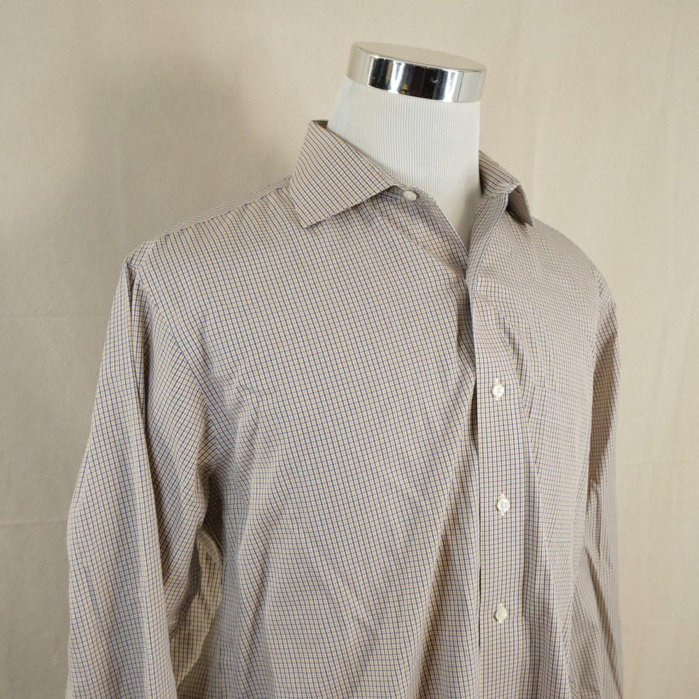 Brooks Brothers 16.5 34 Regent Button Down Shirt Yellow Blue Check Non-Iron Mens